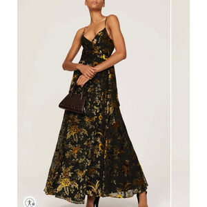 Hutch Black Burnout Velvet Slip Maxi Dress MEDIUM Floral Wrap Gown Designer $319